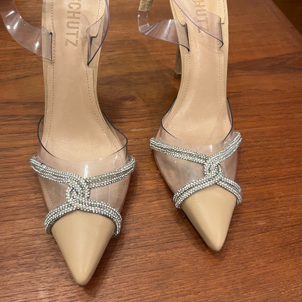 SCHUTZ Tan and Silver Embellished Heels